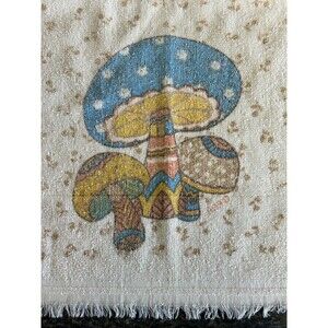 Vintage 1970s Mushroom Kitchen Hand Towel Calico Tan Brown Blue White Orange 70s